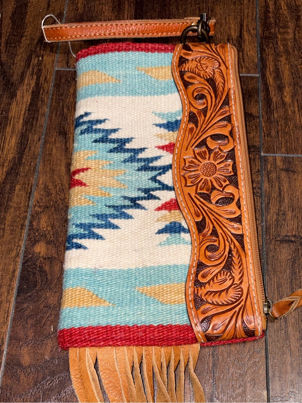 American Darling Turquoise, Red & Tan Tooled Fringe Wristlet
